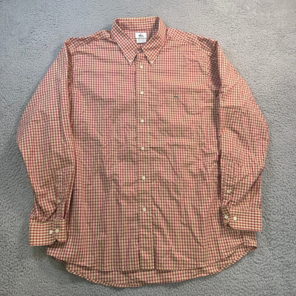 Lacoste Mens Red Yellow Gingham Check Cotton Button Down Shirt Size 44 F5182